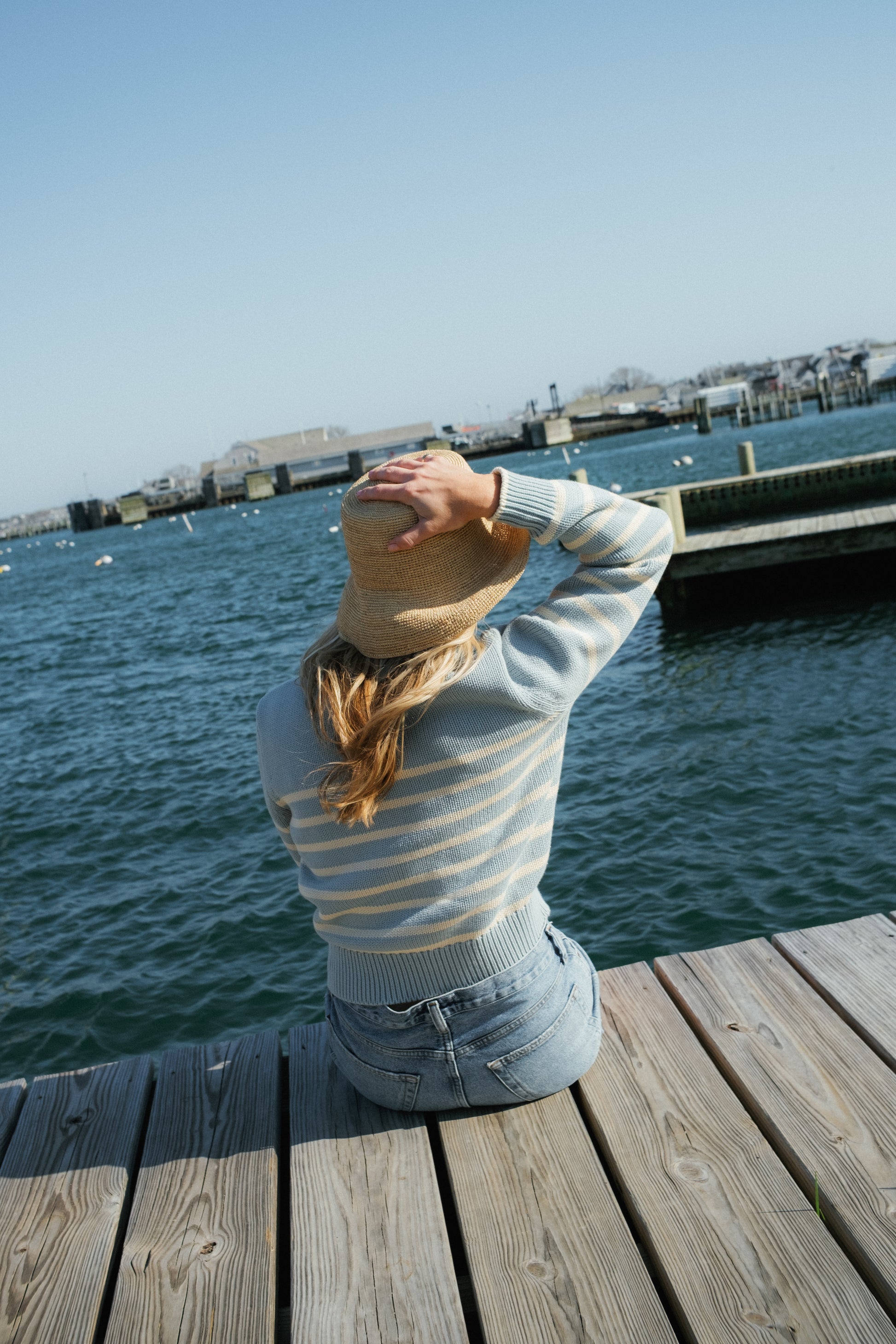 women's sunwashed blue striped cotton sweater detail — tutto Nantucket collection